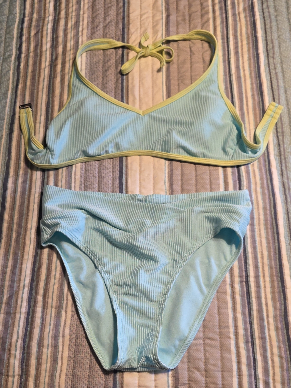 Light Blue Ribbed Bikini Set with Lemon Trim
